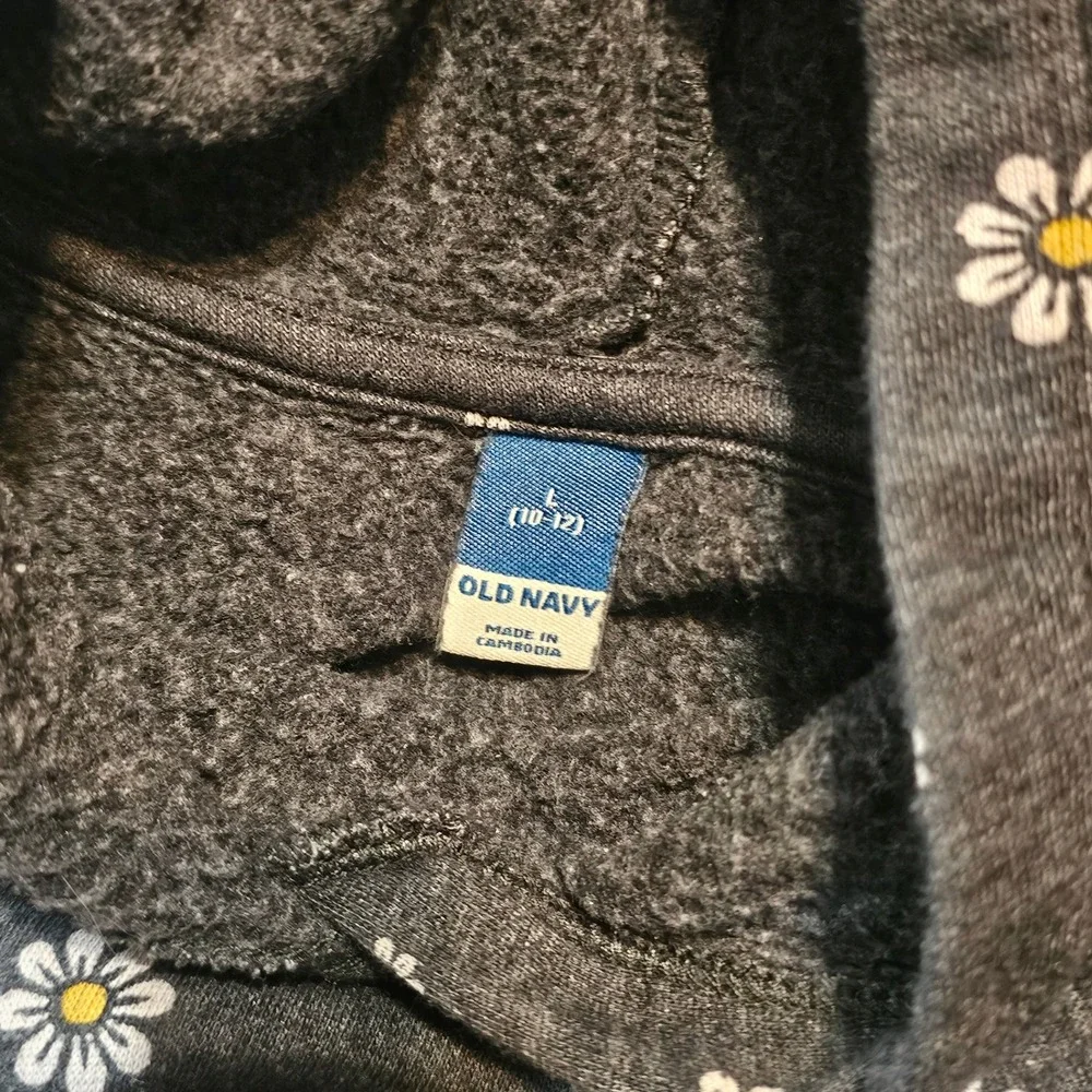 Old Navy Hoodie Kids Large 10-12 Gray Excellent Daisy Floral Fleece Pullover